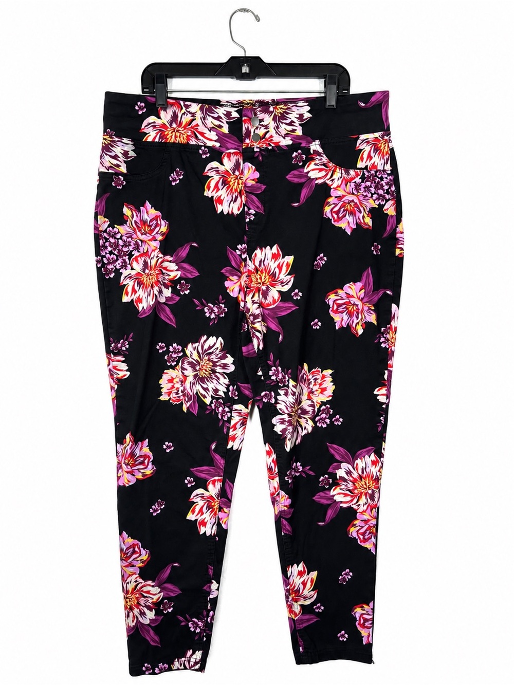 Terra & Sky Black Floral Skinny Jeggings Leggings Pink Plus Size 1X (16W-18W)
